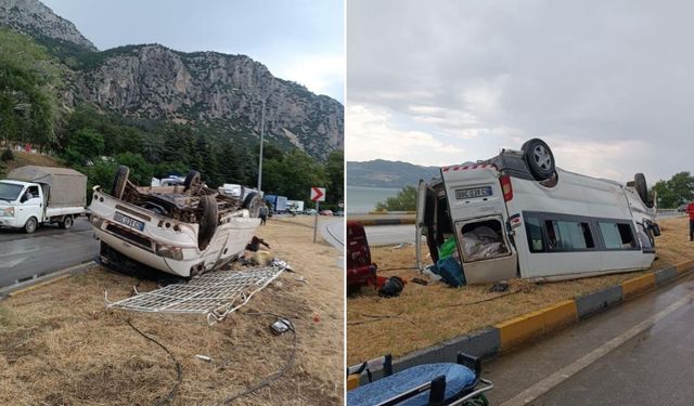 Yağmur nedeniyle minibüs devrildi: 1'i ağır 9 kişi yaralandı