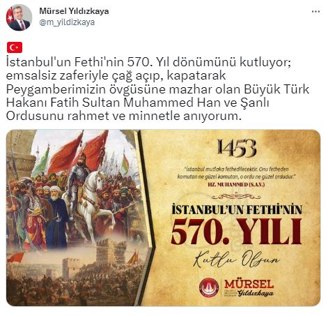 Başkan Yıldızkaya’nın İstanbul Fethi’nin yıldönümü mesajı (1)