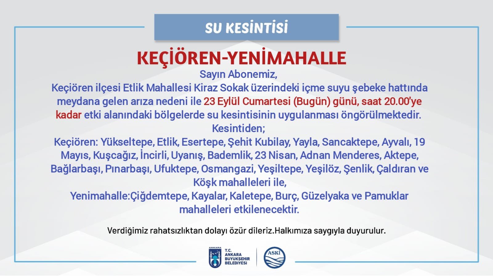 ASKİ’den önemli duyuru! O ilçede yaşayanların suyu kesilecek-1