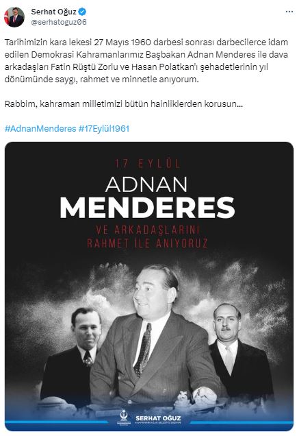 Başkan Oğuz’dan Adnan Menderes’i anma mesajı (1)