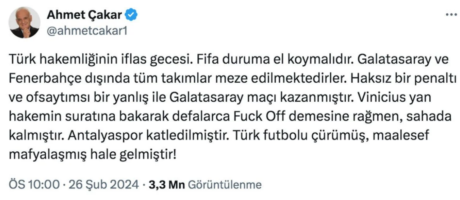 Ahmet Çakar’dan Dikkat Çeken Paylaşım! “Antalyaspor Katledilmiştir” (1)