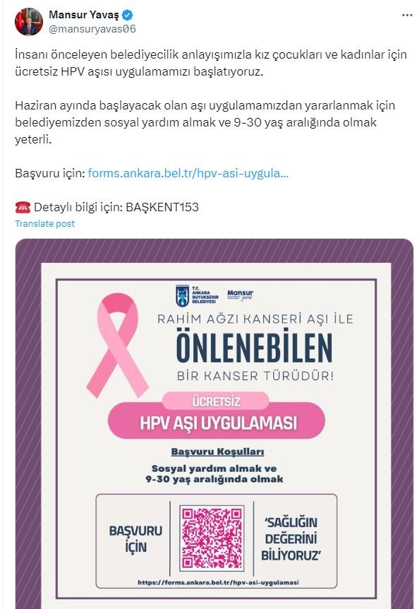 Mansur Yavaş Duyurdu! Ücretsiz Hpv Aşısı Başvuruları Başladı-1