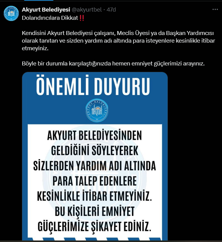 Akyurt Belediyesi'nden Önemli Uyarı Emniyet Güçlerini Arayın