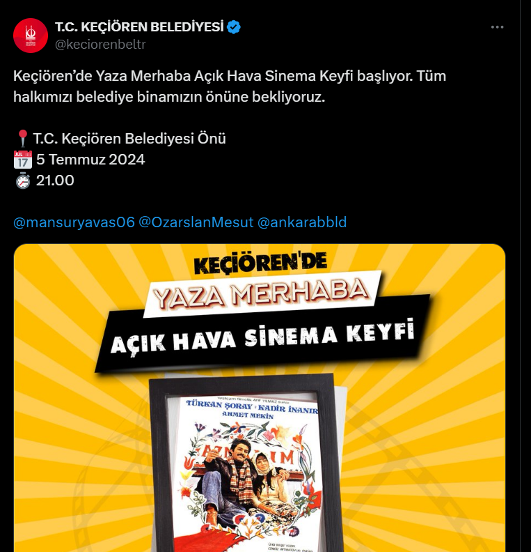 Keçiören Belediyesi'nden Yaz Etkinlikleri Açık Hava Sinema Keyfi Başlıyor