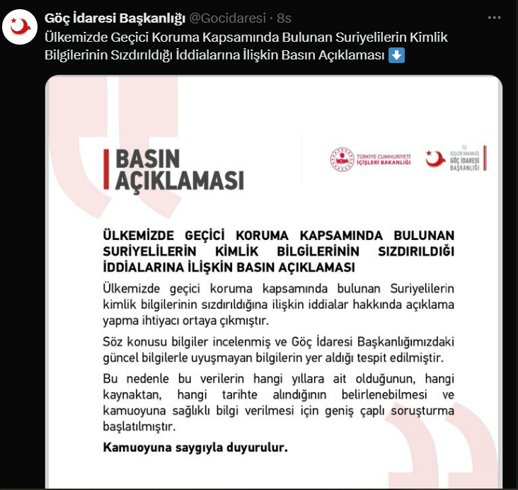 Türkiye'deki Suriyelilerin Kimlik Bilgilerinin Sızdırılmasına Ilişkin Göç Idaresinden Açıklama (1)