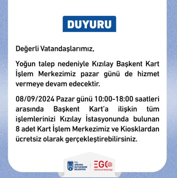 Ego Duyurdu Başkent Kart İşlem Merkezi Pazar Günü Açık Olacak