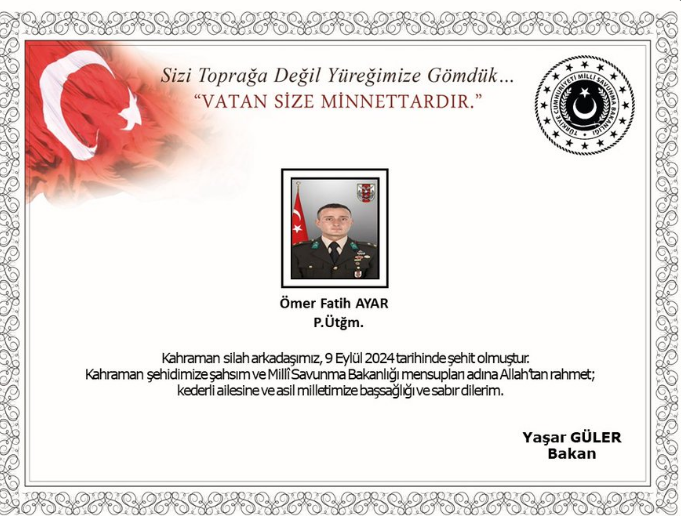 Msb Duyurdu Gara Bölgesi'nde P. Ütğm. Ömer Fatih Ayar Şehit Oldu!-1