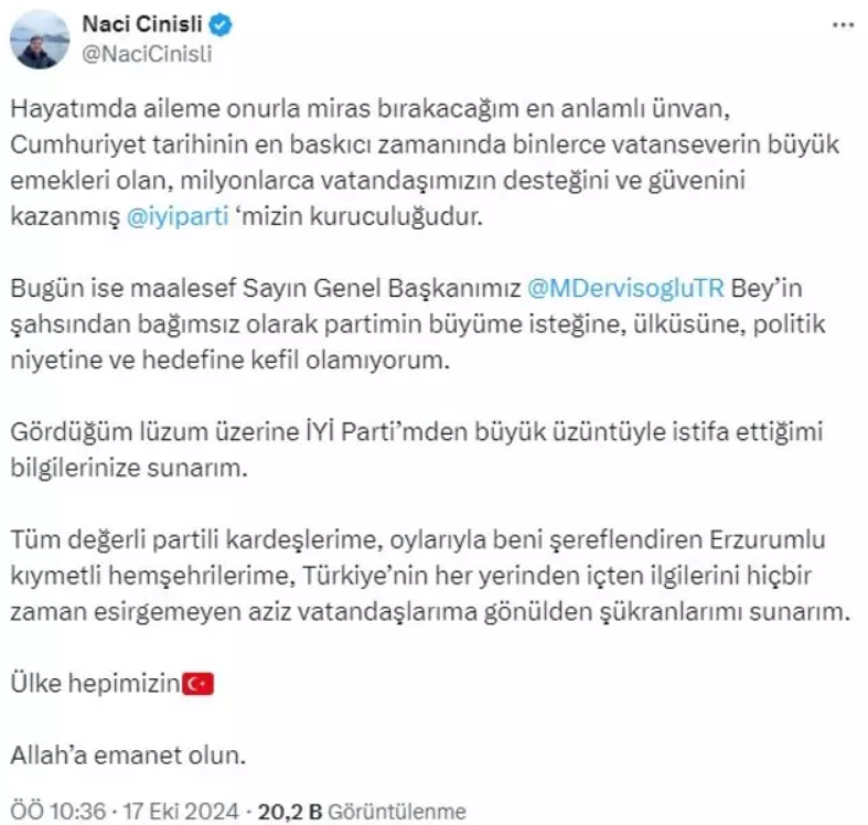 İyi̇ Parti'den Bir Istifa Haberi Daha! Sosyal Medyadan Duyurdu “Kefil Olamıyorum” (1)