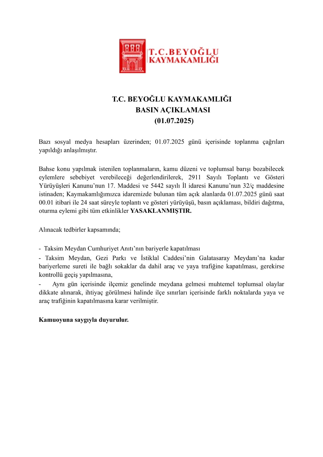 Beyoğlu’nda, Toplantı Ve Gösteri Yürüyüşleri Yasaklandı!-1