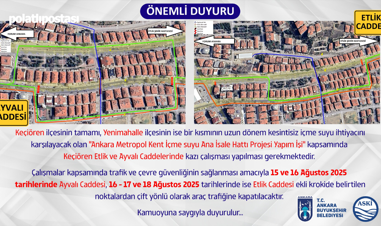 Aski̇'den Ankaralılara Kritik Uyarı! Keçiören'de O Iki Ana Cadde Trafiğe Kapatılıyor