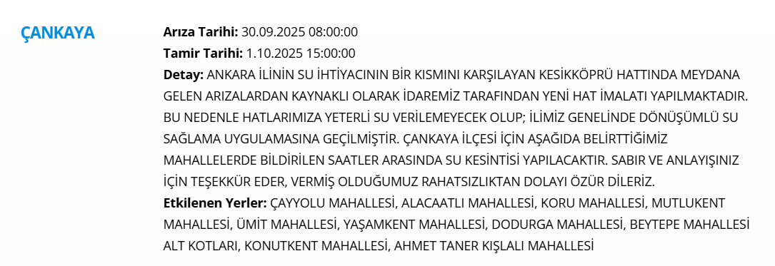Ankara'nın O Ilçesinde 31 Saatlik Su Kesintisi Yaşanacak!-1