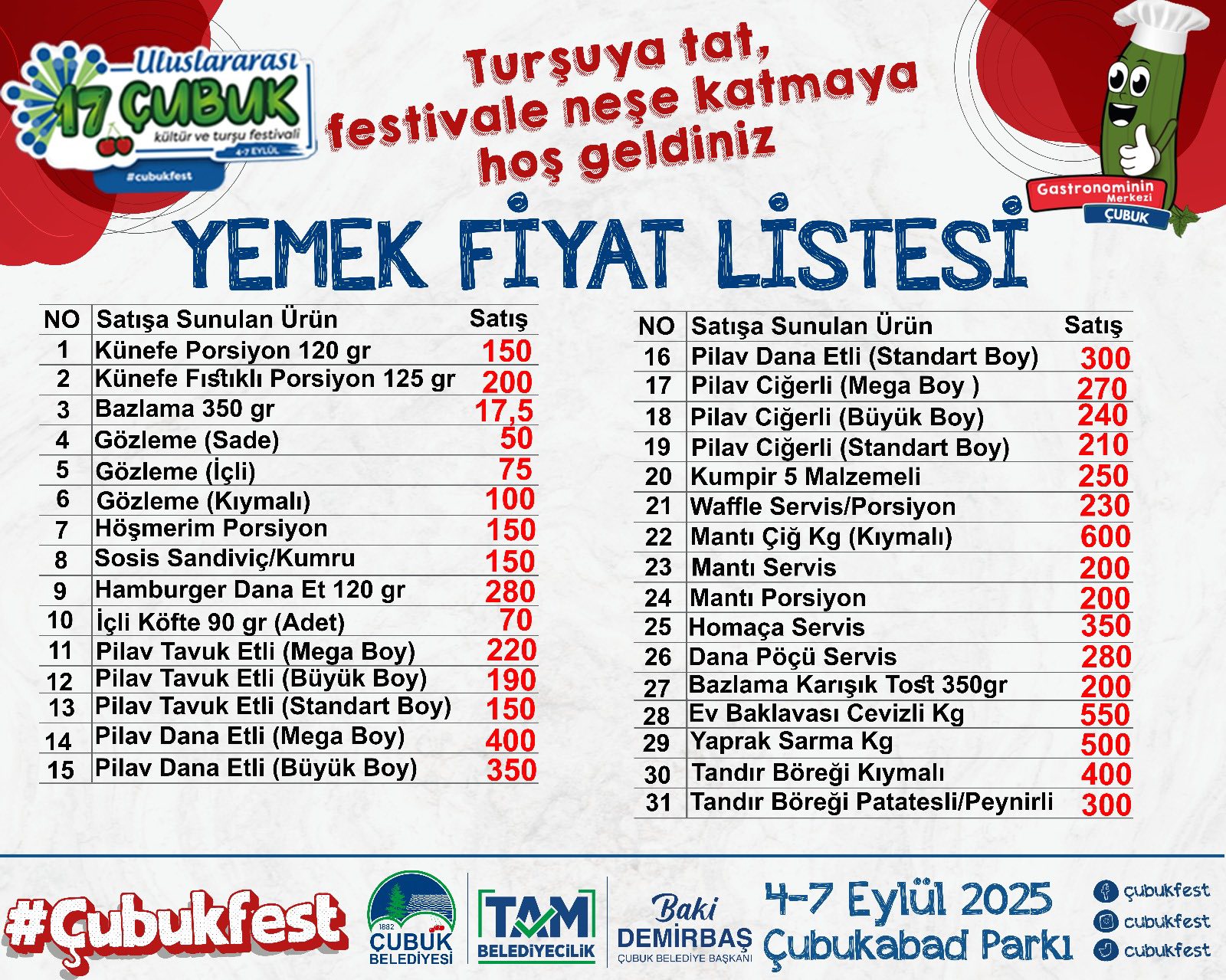 Çubuk Fi̇yat Li̇stesi̇